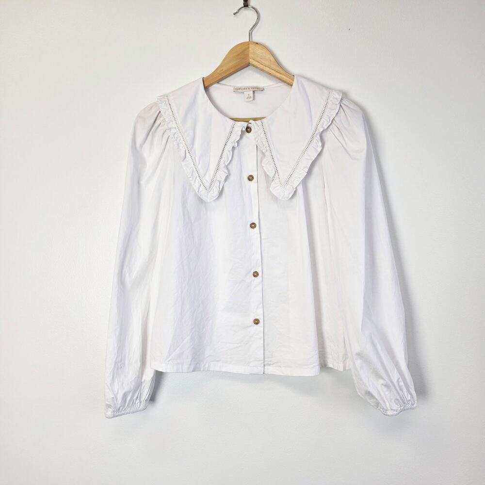 Chelsea & Violet White Wide Ruffle Statement Collar Button Down Blouse Shirt S